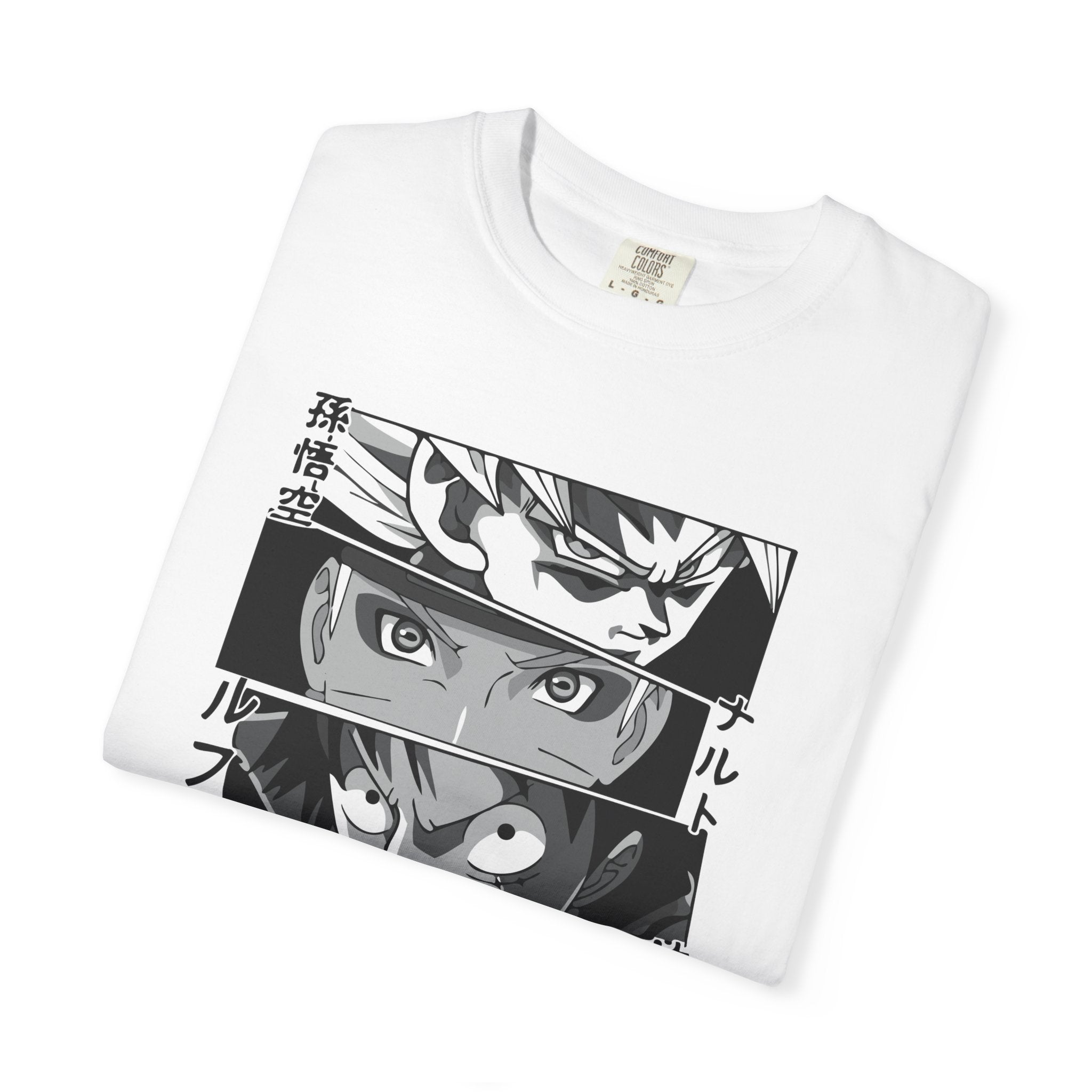 Anime Eyes Panel T‑Shirt — Black & White Shōnen Character Collage