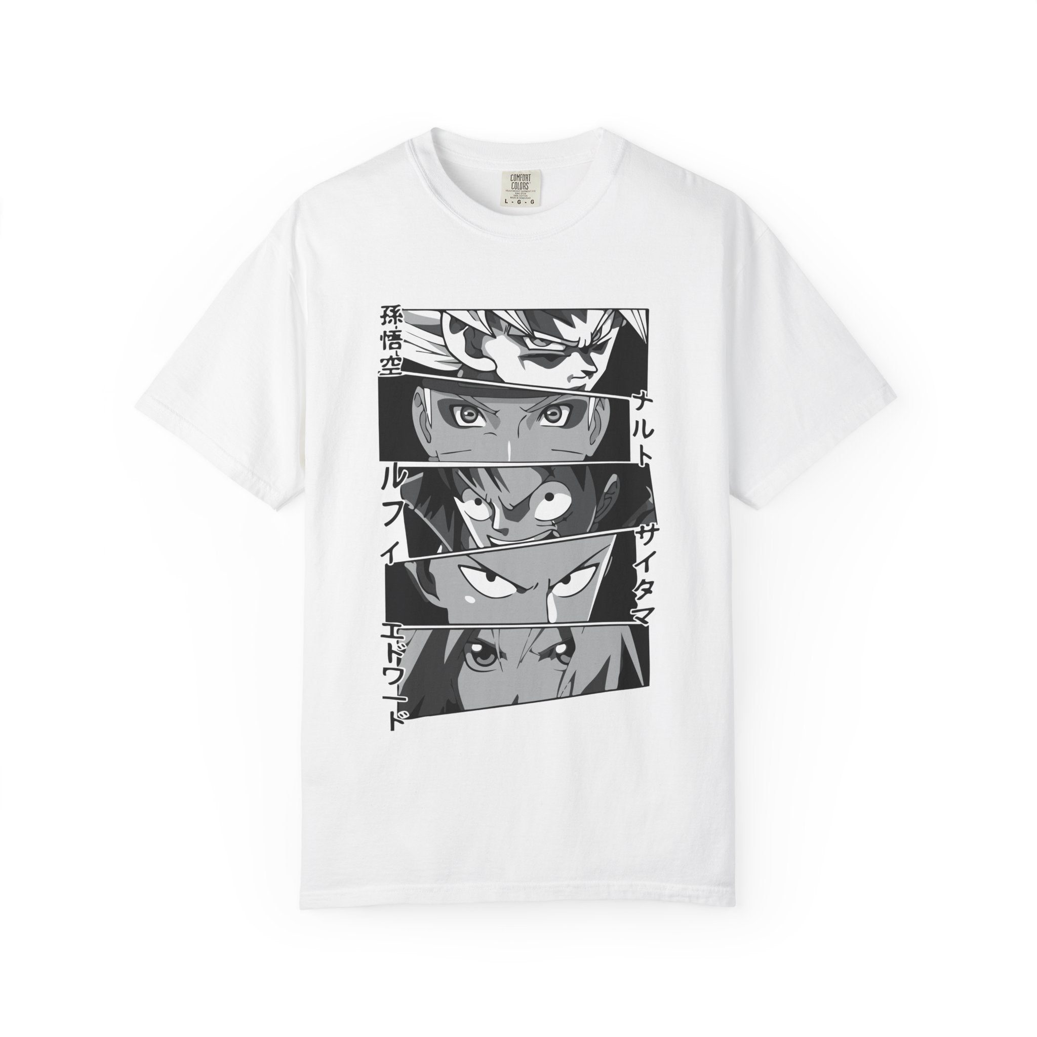 Anime Eyes Panel T‑Shirt — Black & White Shōnen Character Collage